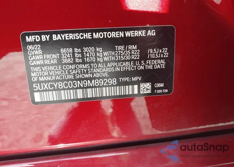 2022 BMW X6 M50I из США, поврежденный, VIN 5UXCY8C03N9M89298